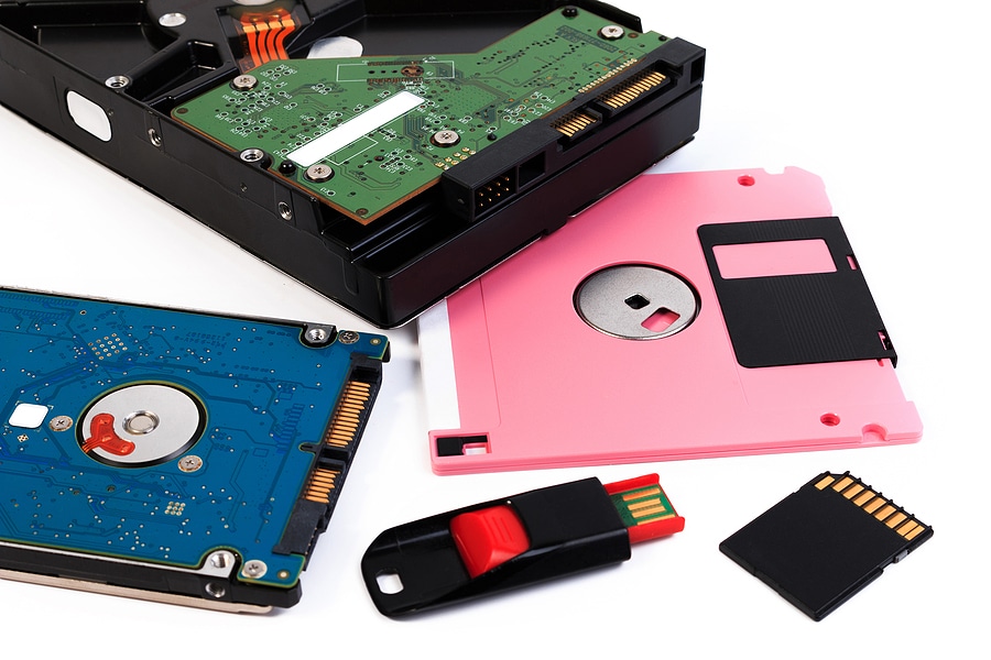 Computer storage devices. Storage hardware isolated on white background.