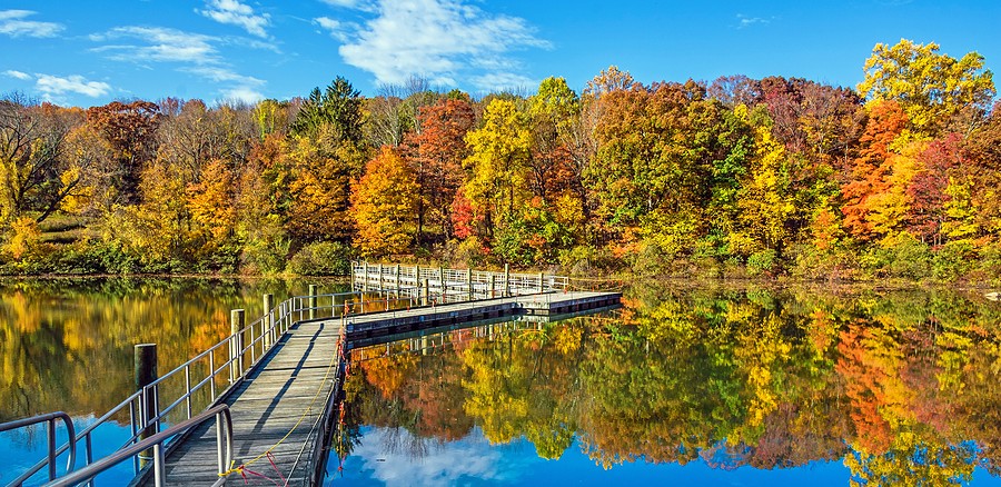 The footbridge across George Lake in Schooly's Mountain Park in Morris County NJ.